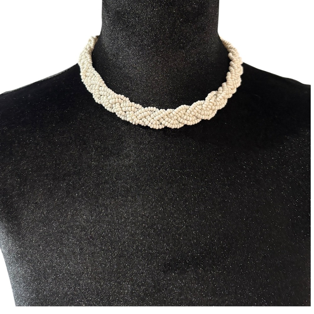 Vintage White Braided Seed Bead Choker Necklace Multi Strand Brass‎ Hook Clasp